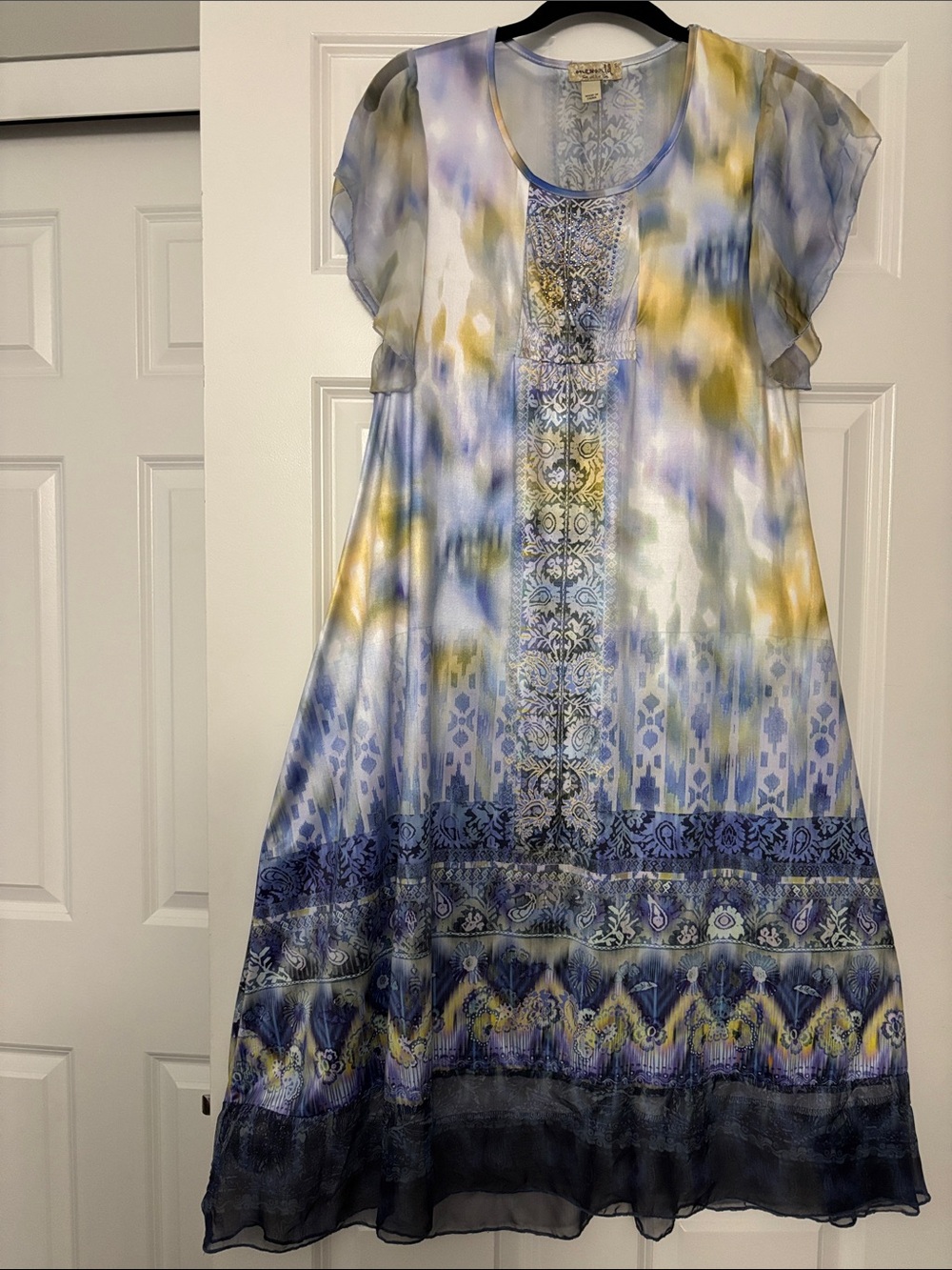 ONE WORLD Blue, Yellow and White Printed Midi Dress